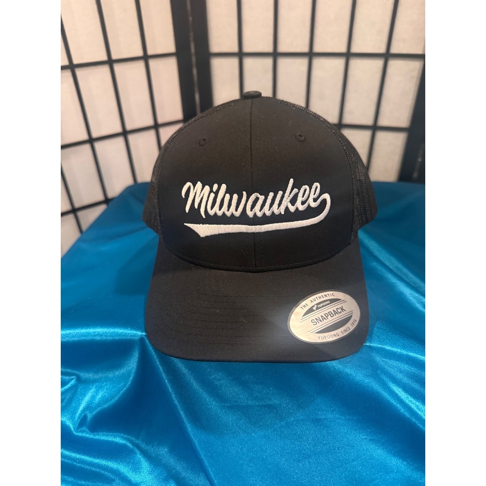 Milwaukee Script Black Trucker Snapback Hat Cap Yupoong Unisex
